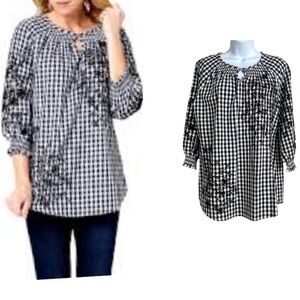 Black White Ginghamcore  Prairie Embroidered Cotton Blouse Top Sz 8 Cottagecore